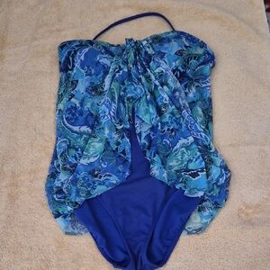 Lauren Ralph Lauren Blue and Green Flyaway One Piece Swimsuit.  10 Like New